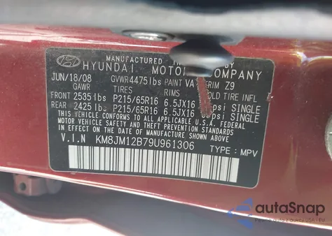 2009 Hyundai Tucson Gls из США, поврежденный, VIN KM8JM12B79U961306